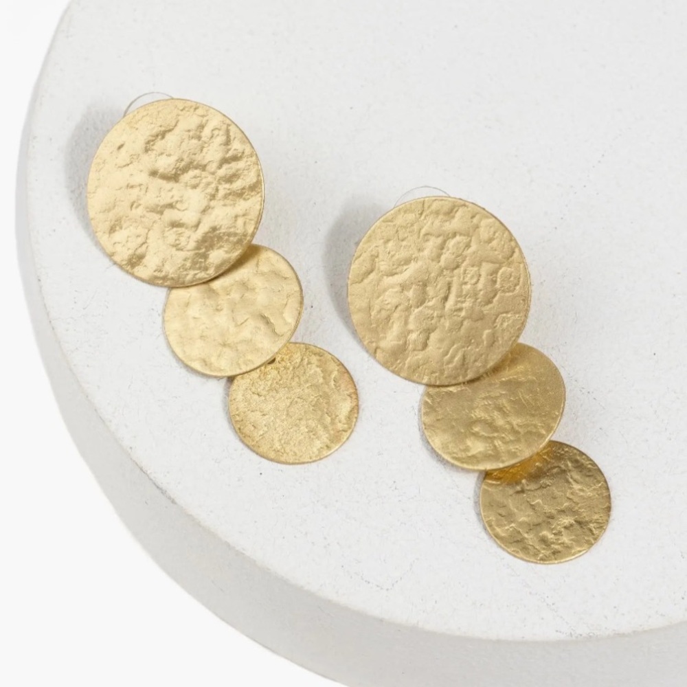Gold Vermeil Oval 3 Disc Post Back Long Fancy Statement Earrings New in Box